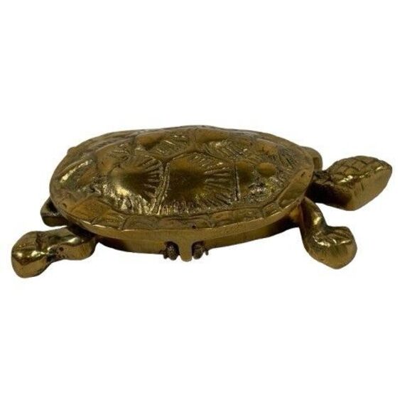Solid Brass Turtle Trinket Jewelry Box Ashtray Hinged Lid Antique Vintage MCM - Picture 4 of 11